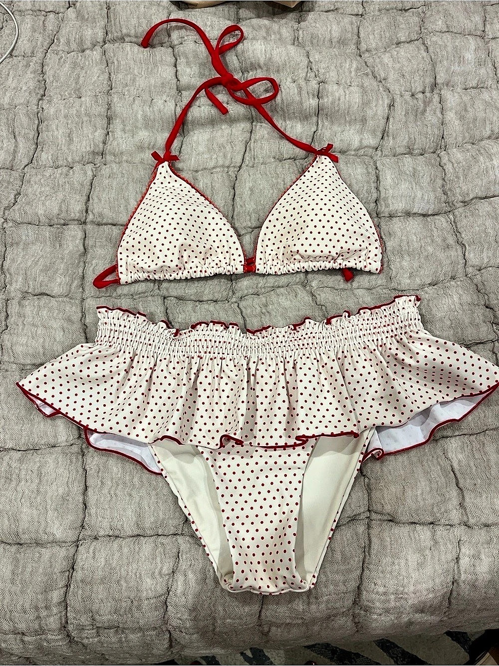 Polka Dot Ruffle Bikini in White & Red Like New